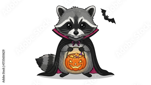 Spooky Raccoon in Costume: A charming raccoon embraces the Halloween spirit, dressed in a cape and clutching a glowing jack-o'-lantern filled with treats.