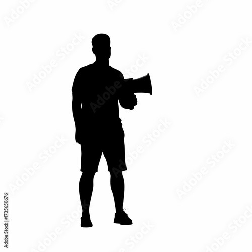 Silhouette of trainer with megaphone announcing literacy class isolated on white background