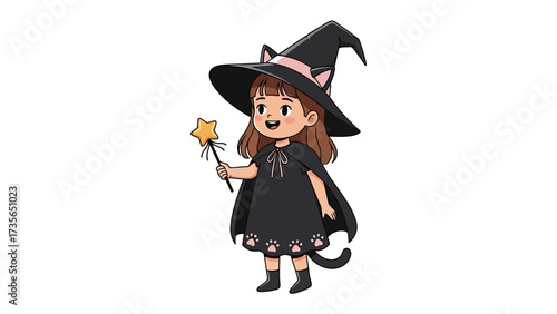 Magical Little Witch: An adorable witch with a cat-themed hat and star wand, ready for a spellbinding Halloween adventure.