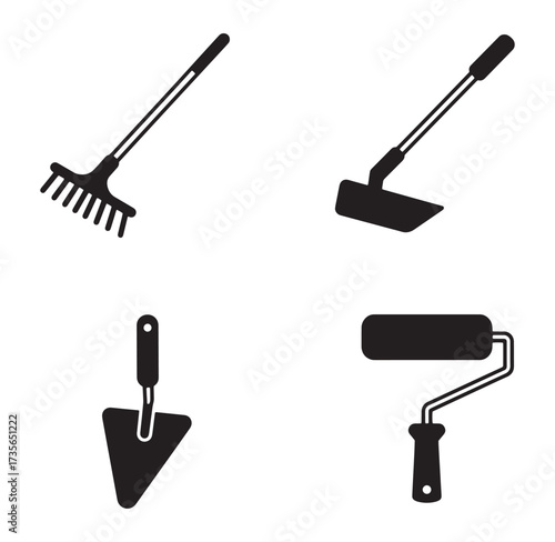 Collection of black and white gardening and construction tools vector illustrations