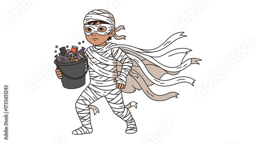 Halloween Mummy with Bucket: A captivating illustration showcases a charming young boy dressed as a mummy, enthusiastically embarking on his trick-or-treat adventure.