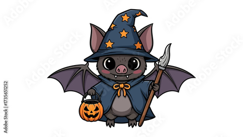 Spooky Sorcerer Bat: A charming bat illustration, dressed as a wizard for Halloween, with a hat, a cape, a carved pumpkin, and a magic wand, all rendered in an endearing, cartoonish style.