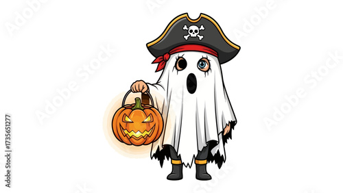 Spooky Pirate Ghost with a Halloween pumpkin: A whimsical pirate ghost, sporting a pirate hat and holding a carved pumpkin lantern, embodies the essence of Halloween fun.