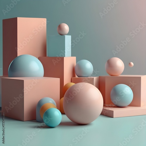 Minimal modern workspace with abstract 3D shapes (geometric cubes, spheres) on a clean background, futuristic office design, pastel tones,Generative Ai
