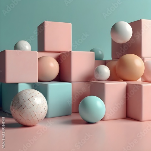 Minimal modern workspace with abstract 3D shapes (geometric cubes, spheres) on a clean background, futuristic office design, pastel tones,Generative Ai
