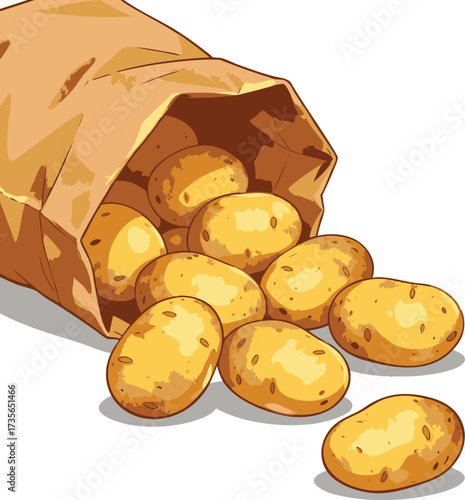 Potatoes spilling from a brown paper bag illustration.