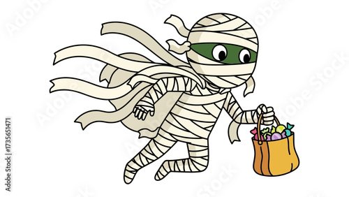 Spirited Mummy's Halloween Quest: A whimsical illustration of a cheerful mummy gleefully navigating the Halloween night, holding a vibrant treat bag with a sense of adventure. 