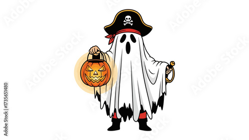 Ghost Pirate: A mischievous ghost decked out in pirate attire holds a carved jack-o'-lantern, capturing the spooky spirit of Halloween with playful energy.
