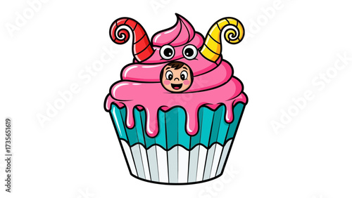 Whimsical Cupcake Creature: A charming and creatively illustrated cupcake design, featuring a pink frosted body, two horns, and a small face that's sure to delight and add a touch of sweetness. 
