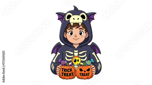 Child in Dragon Costume: A charming illustration of a child dressed as a dragon, clutching Halloween trick-or-treat pumpkins filled with candy. Perfect for adding a touch of fun and festive spirit.