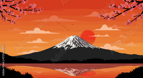 Mountain view with cherry blossoms and sunset background, concept of silhouette illustrations, Asia theme,  for travel promotions and cultural awareness campaigns 