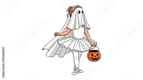 Ghostly Ballerina's Halloween: A charming young ballerina in a delicate costume transforms into a playful ghost ready to celebrate Halloween. A joyous visual. 