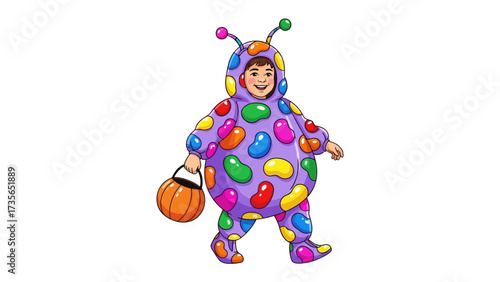 The Playful Bean Costume: A vibrant illustration of a cheerful individual donned in a whimsical bean costume, ready for Halloween fun. The artwork captures the playful essence of the holiday.