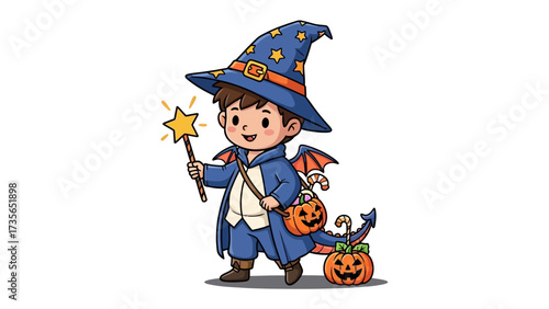 Little Wizard's Magic: A charming illustration of a young wizard, dressed in a classic blue hat, a wand in hand, ready for an adventure.
