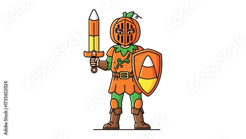 Pumpkin Knight Illustration: A whimsical illustration showcases a unique pumpkin-headed knight. Adorned in themed armor, armed with a candy corn sword and shield.