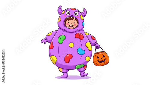 Halloween Costume: A cheerful child dressed in a vibrant monster costume holding a pumpkin-shaped candy bucket, ready to embark on a fun-filled Halloween night.