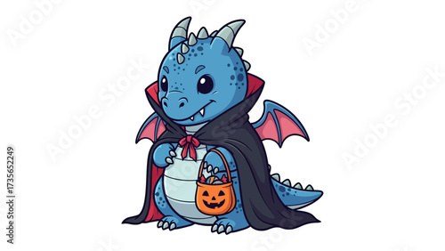 Cute Dragon in Halloween Costume: A charming illustration of a cute blue dragon, dressed in a playful vampire costume, clutching a trick-or-treat bucket, perfectly embodies the spirit of Halloween.