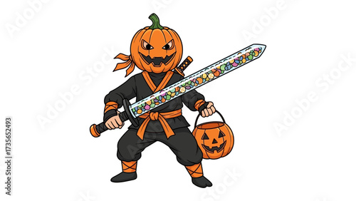 Pumpkin-Headed Ninja in Halloween Costume: A whimsical and cartoonish depiction of a pumpkin-headed ninja, clutching a candy-filled sword and a jack-o'-lantern bucket.