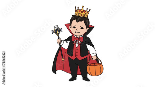 Little Prince of Halloween: A cute cartoon prince stands proud with a crown, holding his magic staff and jack-o'-lantern bucket, ready for a night of trick-or-treating.