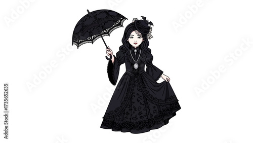 Vintage Elegance: An illustration of a young woman in a gothic style dress is holding an umbrella. This detailed artwork showcases a classic Victorian aesthetic.