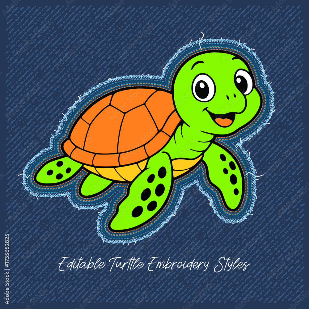 Obraz premium Cute Cartoon Turtle Patch Design on Denim,vector illustration