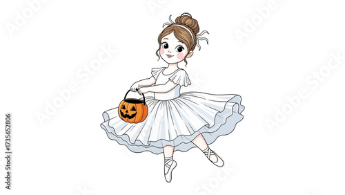 Spooky Ballet Dancer: A charming ballerina, dressed in an ethereal white tutu and holding a pumpkin treat bucket, embodies the playful spirit of Halloween and the grace of dance.