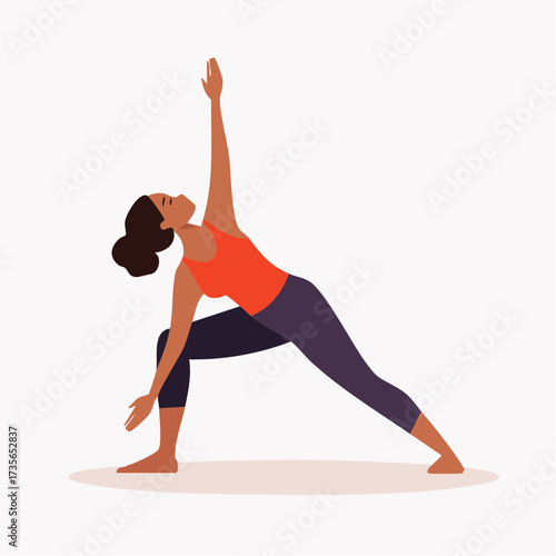 Woman in yoga pose, triangle pose, wearing orange top and purple leggings.
