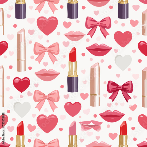 Seamless pattern with lipstick, hearts, and bows on a white background.