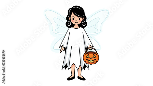Enchanting Halloween Fairy: A captivating illustration of a charming fairy with delicate wings and holding a festive carved pumpkin pail, embodying the magic of Halloween.