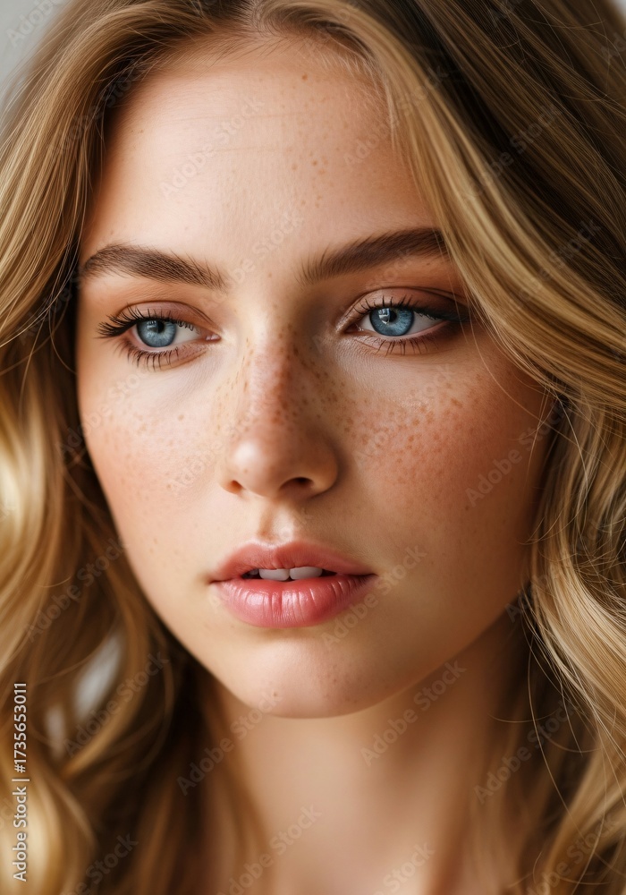 Obraz premium Closeup portrait of a beautiful young woman with striking blue eyes and natural freckles, showcasing her delicate features and healthy skin