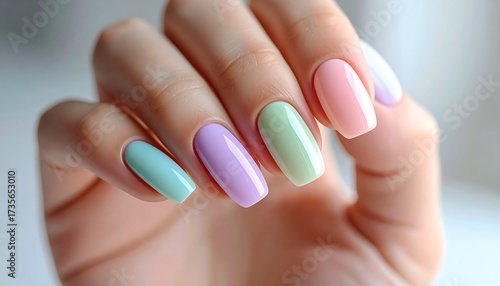 Beautiful female hand showcasing a trendy multicolored manicure with elegant pastel shades like pink, purple, and green