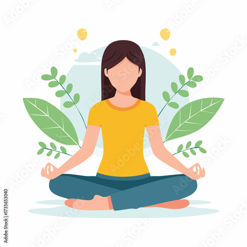 Woman meditating in lotus position with plants and a light blue background.