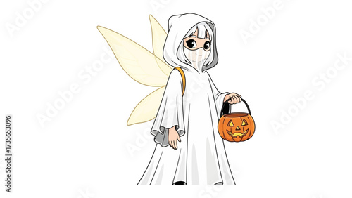 Halloween Fairy: A whimsical fairy dressed for the season, gracefully embodies the spirit of Halloween. The image capture joy with a jack-o'-lantern basket. 