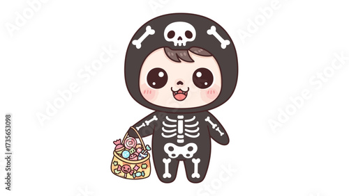 Cute Skeleton in Costume: A delightful illustration of a child dressed in a skeleton costume, joyfully holding a basket of candy, embodying the spirit of Halloween and the joy of trick-or-treating.
