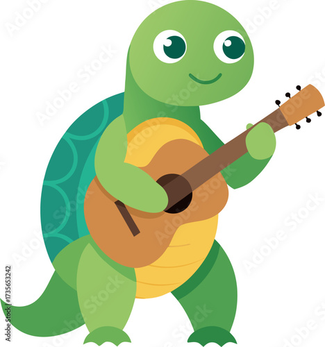 A cheerful green cartoon turtle stands on its hind legs while happily playing an acoustic guitar.