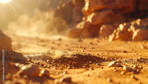 A detailed close-up of an arid, rocky ground with dust particles illuminated by the warm, golden light of the morning sun