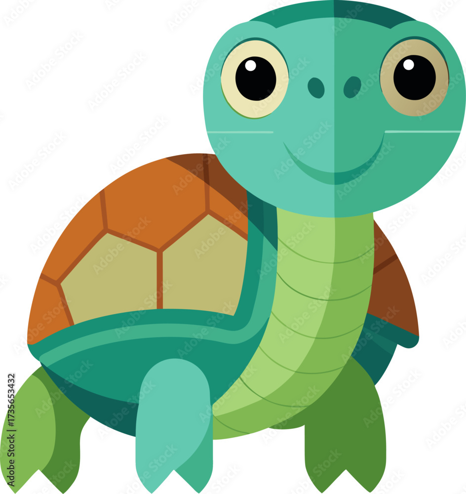 Fototapeta premium A charming cartoon illustration of a friendly baby sea turtle with large, expressive eyes, a geometric brown shell, and a vibrant green and blue body.
