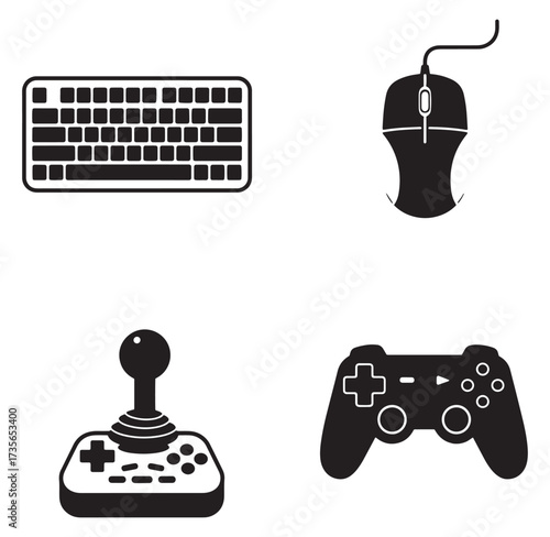 Computer gaming peripherals keyboard mouse joystick and game controller silhouettes illustration