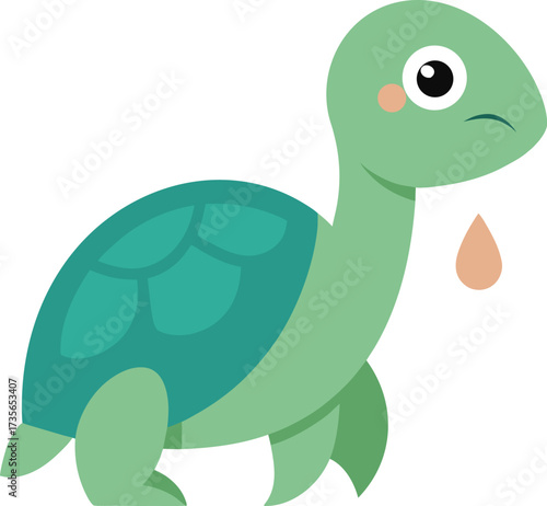 A sad green cartoon turtle with a teal shell is crying a single teardrop, looking upset and emotional against a white background.