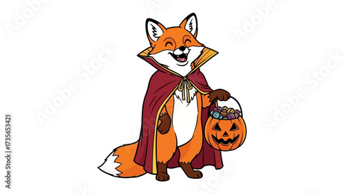 Halloween Fox with Candy: A cheerful fox in a crimson cape and pumpkin-shaped basket is a delightful embodiment of the holiday spirit, brimming with sweets and treats for a night of spooky fun.
