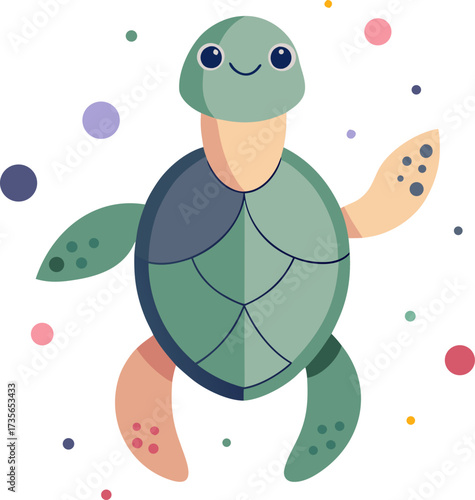 A cute, smiling cartoon sea turtle swimming happily among colorful bubbles, illustrated in a simple, flat vector style on a white background.