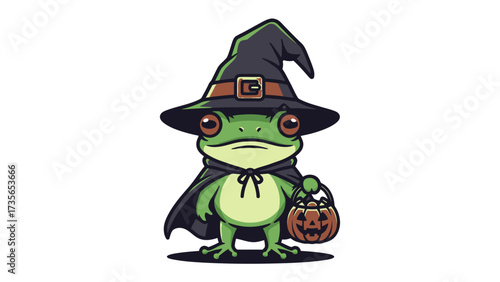 Spooky Frog Mascot: A charming cartoon frog donned in a witch's hat and cape, clutching a pumpkin-shaped trick-or-treat bag, perfect for Halloween decorations and playful designs. 