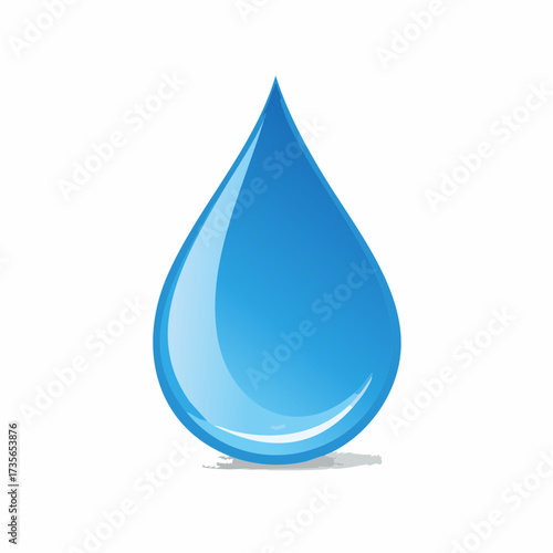 A single blue water droplet with a light reflection on a white background.