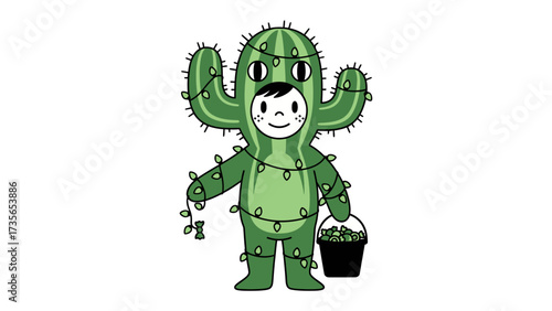 Cactus Costume at the Celebration: In a whimsical illustration, a cheerful individual dons a cactus costume, their vibrant attire adorned with festive lights.