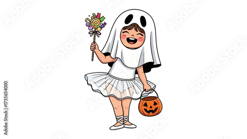 Spooky Ballerina: A cheerful young girl dressed as a playful ghost, clutching a lollipop and a pumpkin bucket, twirling in her ballet tutu as if ready for a Halloween dance.