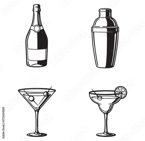 Elegant black and white cocktail and beverage illustrations for drink menus or designs