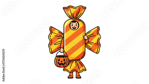 Candy Costume Illustration: A whimsical illustration of a person joyfully dressed as a vibrant wrapped candy, ready to collect sweets and spread festive cheer.