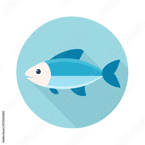 Illustration of a blue fish with a white belly on a light blue circle background.
