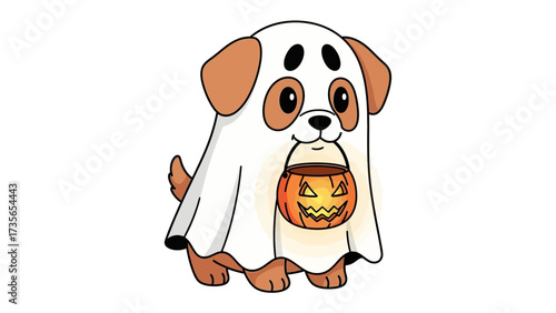 Spooky Pup: A charming illustration of a dog, costumed as a friendly ghost for Halloween, proudly holding a carved pumpkin-shaped treat holder. A delightful and playful depiction.