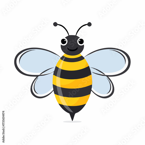 Cartoon bee with black and yellow stripes and transparent wings.